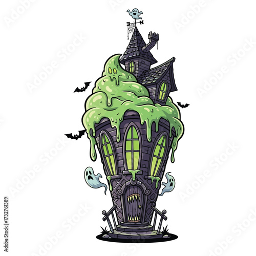 Gooey haunted house with slime and bats isolated on white background