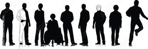 Inclusive diverse people silhouettes vector illustration showing standing and wheelchair figures in various poses representing community, equality, accessibility, diversity, lifestyle