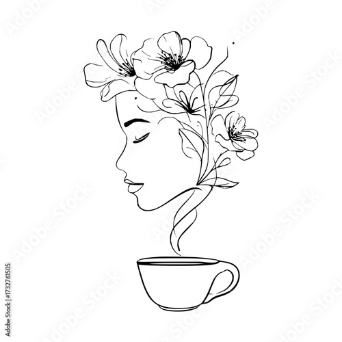 Woman's profile with flowers in her hair above a steaming cup in a minimalist line art illustration