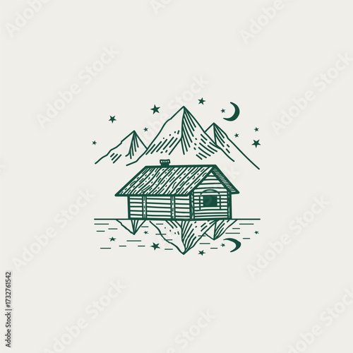 Mountain house by the lake. A forest cabin on the background of mountains. Starry sky reflected in the water of the river. Vector line illustration