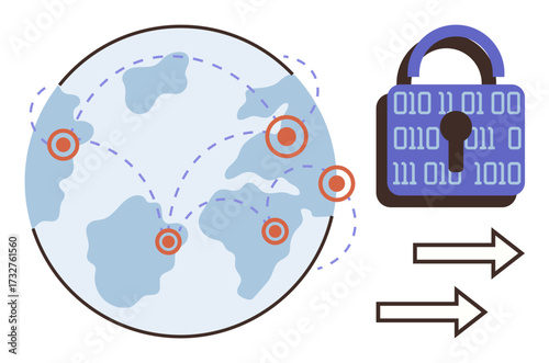 Earth with network points interconnected and binary-coded padlock emphasizing security, showing arrows for data flow. Ideal for cybersecurity, encryption, global communication, safe data exchange