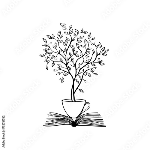 A drawing of a tree growing from a teacup placed on an open book with leaves and branches depicted clearly