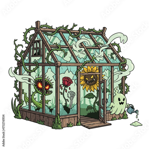 Spooky greenhouse with evil plants and a ghost watering them