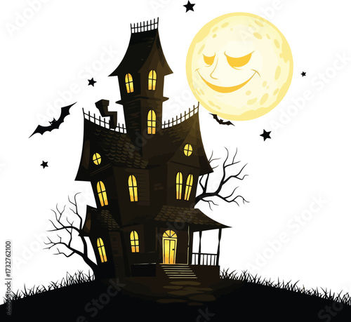 Haunted house on a hill with a spooky moon and bats