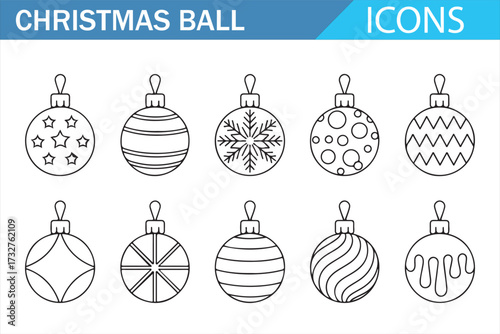 Christmas ornament icon set – 10 black and white bauble outlines with stars, snowflake, stripes and drip patterns, minimalist vector collection for festive design, greeting cards, decor, UI and print
