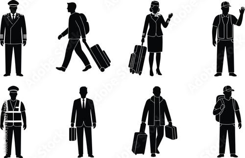 Black silhouette vector illustration of diverse airport people including pilot, flight attendant, staff, business traveler, and casual tourists with luggage