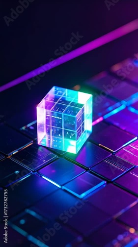 Futuristic Glowing Cube on a Tech Surface.