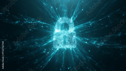 Glowing digital padlock with circuit board design and network connections, turquoise cyber security concept
