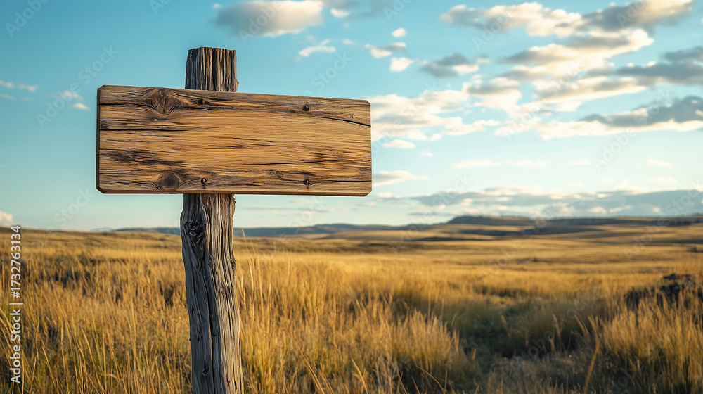 Naklejka premium 草原に立つ風化した木製の看板