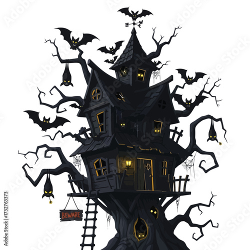 Creepy haunted house in a tree with bats and a beware sign