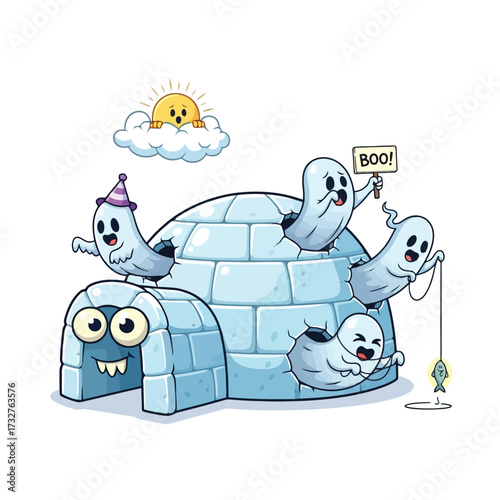 Cute ghosts playing in an igloo isolated on white background