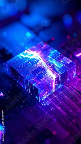 Abstract digital cube with glowing neon lights and futuristic design.