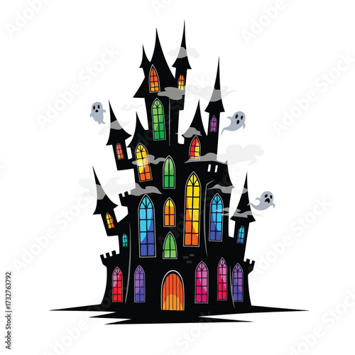 Scary black haunted castle with colorful windows and ghosts isolated on white background