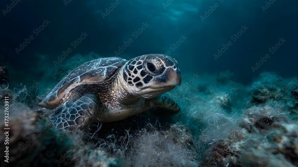 Fototapeta premium A green sea turtle glides gracefully through the dark blue ocean depths resting peacefully on a textured seabed adorned with natural marine growth