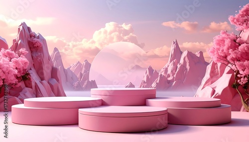 A dreamy, pastel-pink scene features product display podiums before a scenic backdrop of mountains and flowering trees. A cloud-filled sky completes the landscape