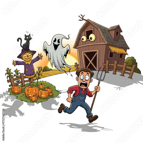 Scared farmer running from ghost and scarecrow on halloween