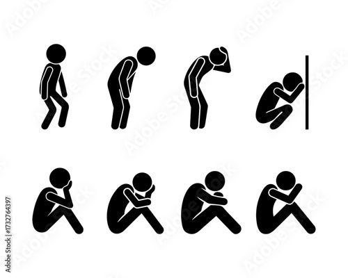 Stickman tired and stressed icons set. Human pictogram collection showing fatigue, depression, sadness, anxiety, and exhaustion. Vector illustration for mental health, psychology, and lifestyle design