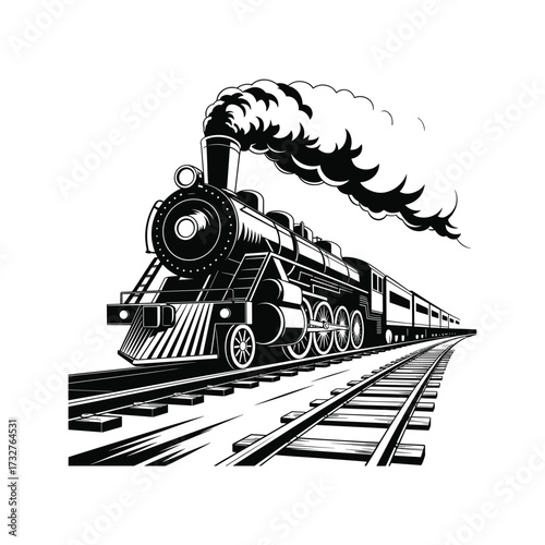 Vintage steam locomotive chugs along railroad tracks emitting plumes of smoke