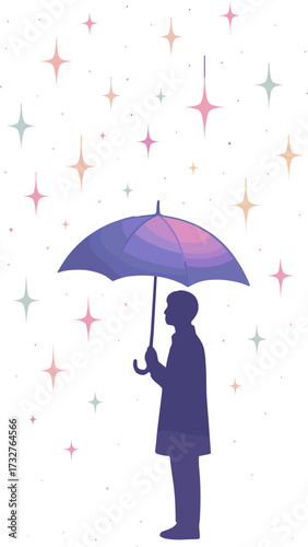 A silhouette of a person holding a purple umbrella under a night sky filled with colorful pastel stars, creating a dreamy and whimsical atmosphere.