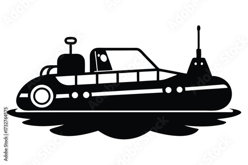 Isolated black submarine ascends from the depths of the water, exhibiting its unique cartoon design