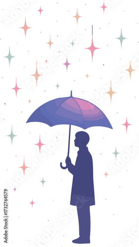A silhouette of a person holding a purple umbrella under a night sky filled with colorful pastel stars, creating a dreamy and whimsical atmosphere.