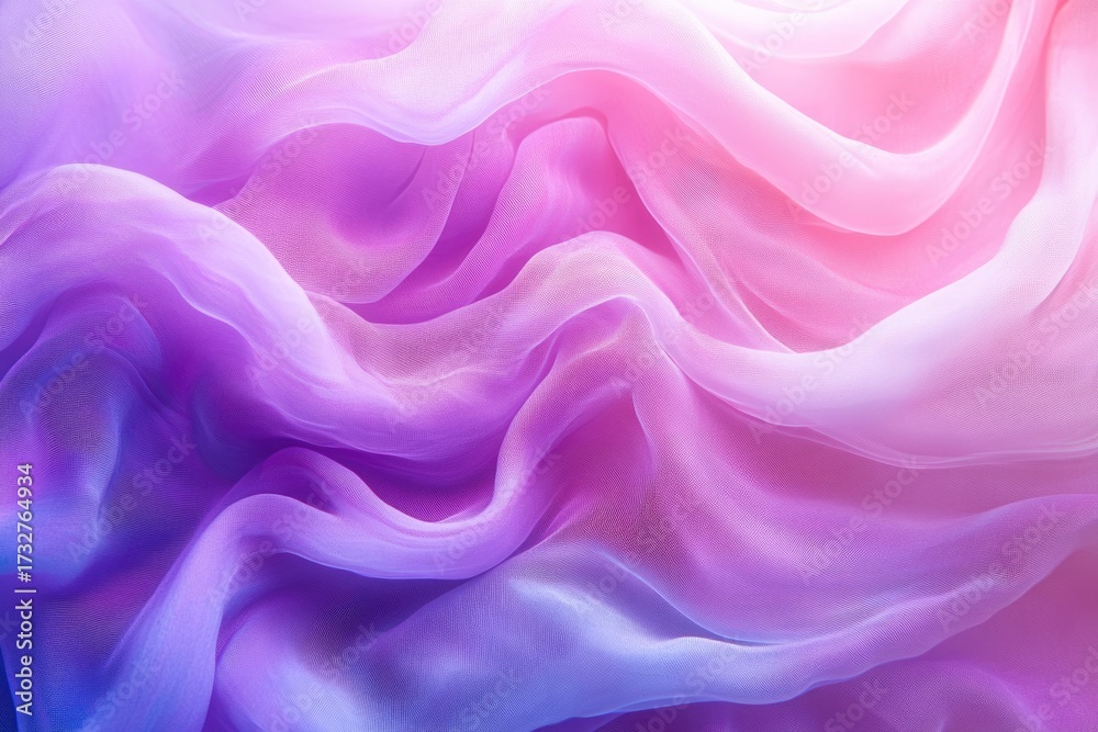 Fototapeta premium Ethereal, flowing fabric in a gradient of soft purple, pink, and blue creates a delicate, abstract texture with gentle light.