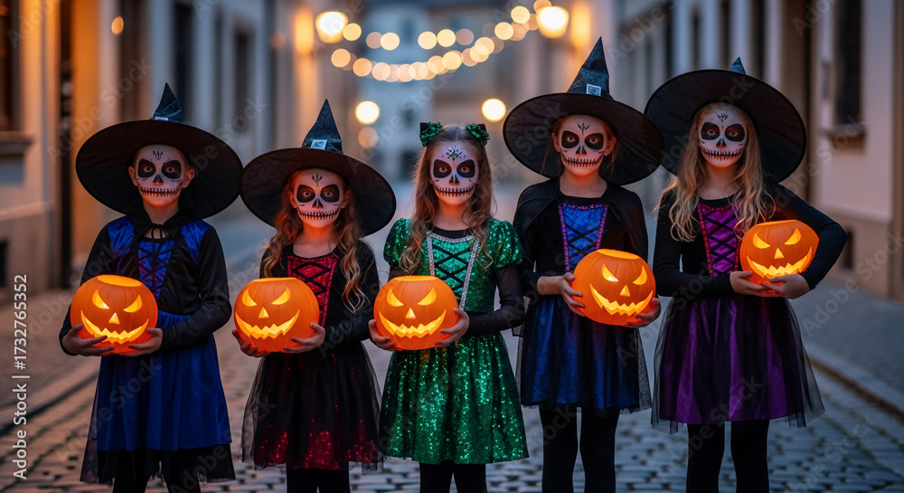 Five girls dressed as witch holding jack-o'-lantern, representing Halloween, holiday celebration, and scary thematic in festive concept