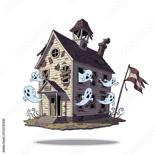 Abandoned haunted schoolhouse with ghosts and tattered flag
