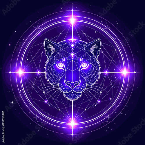 Spiritual concept of a panther totem animal with glowing eyes, surrounded by a mystical geometric mandala and celestial stars