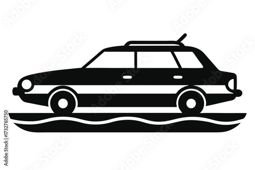 Black automobile icon on water waves depicts monochrome travel style vehicle