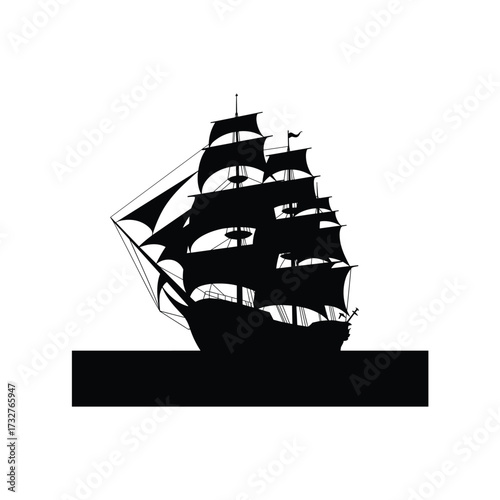 Silhouette of a majestic tall ship with full sails navigating open waters