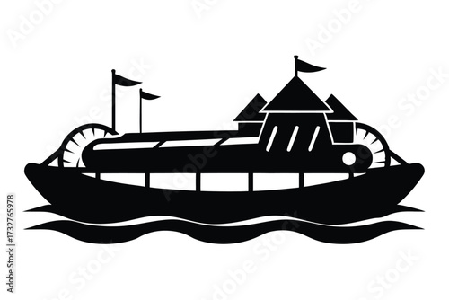 Silhouette of a steamboat cruising on waves, featuring flagpoles and building elements on its deck