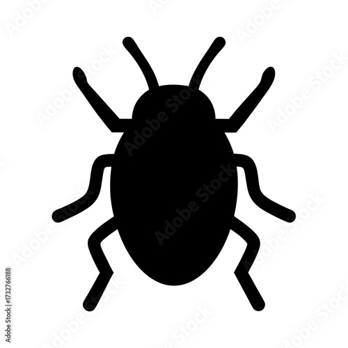 Simple black beetle icon with six legs and two antennae illustration