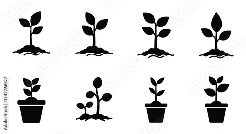 Collection of Black Plant Sprout Icons Representing Growth Development and New Beginnings