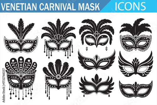Feathered masquerade icons – stylish Venetian mask silhouettes in clean monochrome vector