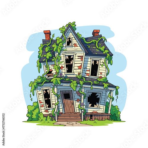 Dilapidated old house with vines and broken windows isolated on white background