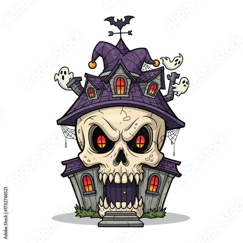 Scary skull haunted house with ghosts and bats isolated on white background