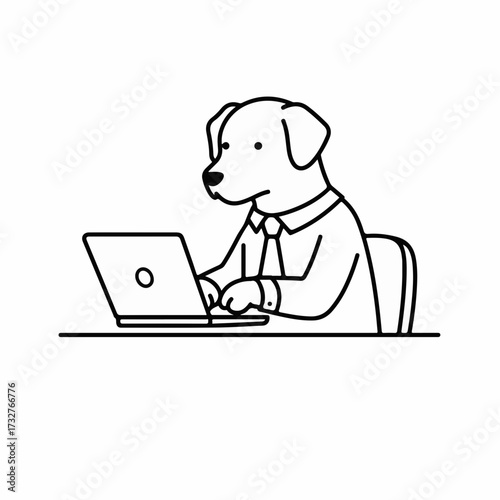 Playful dog in business attire working diligently on a laptop at a desk
