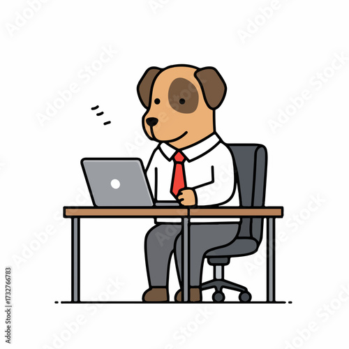 Anthropomorphic dog in business attire working diligently at a laptop on a desk