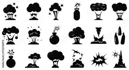 Collection of Black and White Explosion Icons Representing Different Styles and Shapes