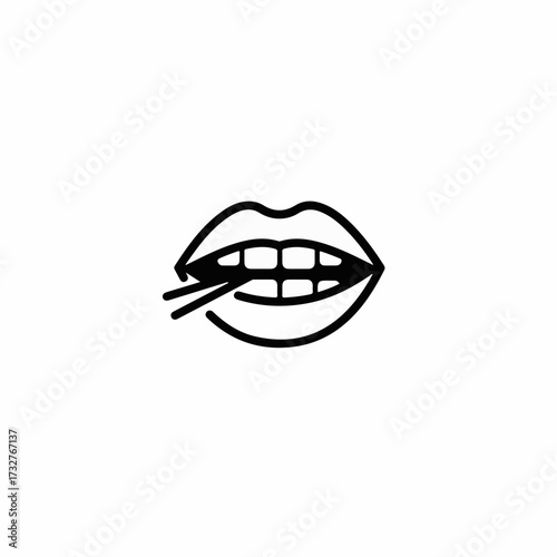 Open mouth with chopsticks between teeth, minimalist line art illustration