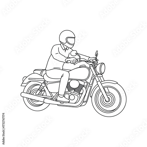 Sketch of a rider in helmet cruising on a classic motorcycle with detailed wheels and handlebars