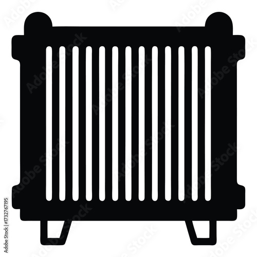 Isolated black silhouette features a radiator with vertical vents and support legs for heating systems