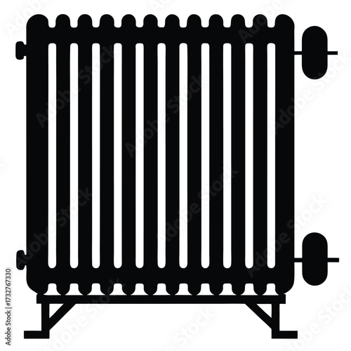 A black radiator with multiple vertical segments is placed upon supports showing heat efficiency