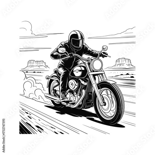Dynamic line art drawing of a lone biker riding a classic motorcycle through a desert landscape.