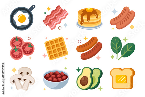 Delicious breakfast vector icons collection featuring fried egg bacon pancakes sausages waffle tomatoes mushrooms beans avocado and toast for culinary concepts