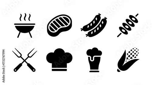 Barbecue and Grilling Vector Icons Set for Summer Cookout and Outdoor Gatherings with Steak Sausages and More