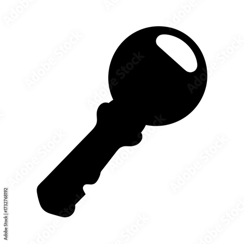 Silhouette of a Round Key with a Unique Handle on White Background