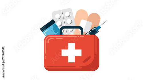 Vector illustration of a red first aid kit with bandages, medicines, and a syringe, isolated on a white background