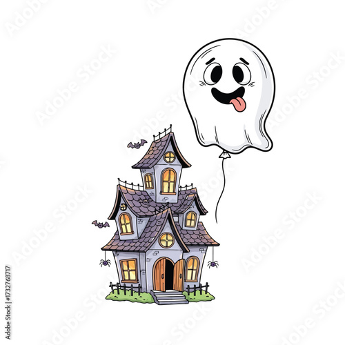 Cartoon ghost balloon floating above a haunted house isolated on white background